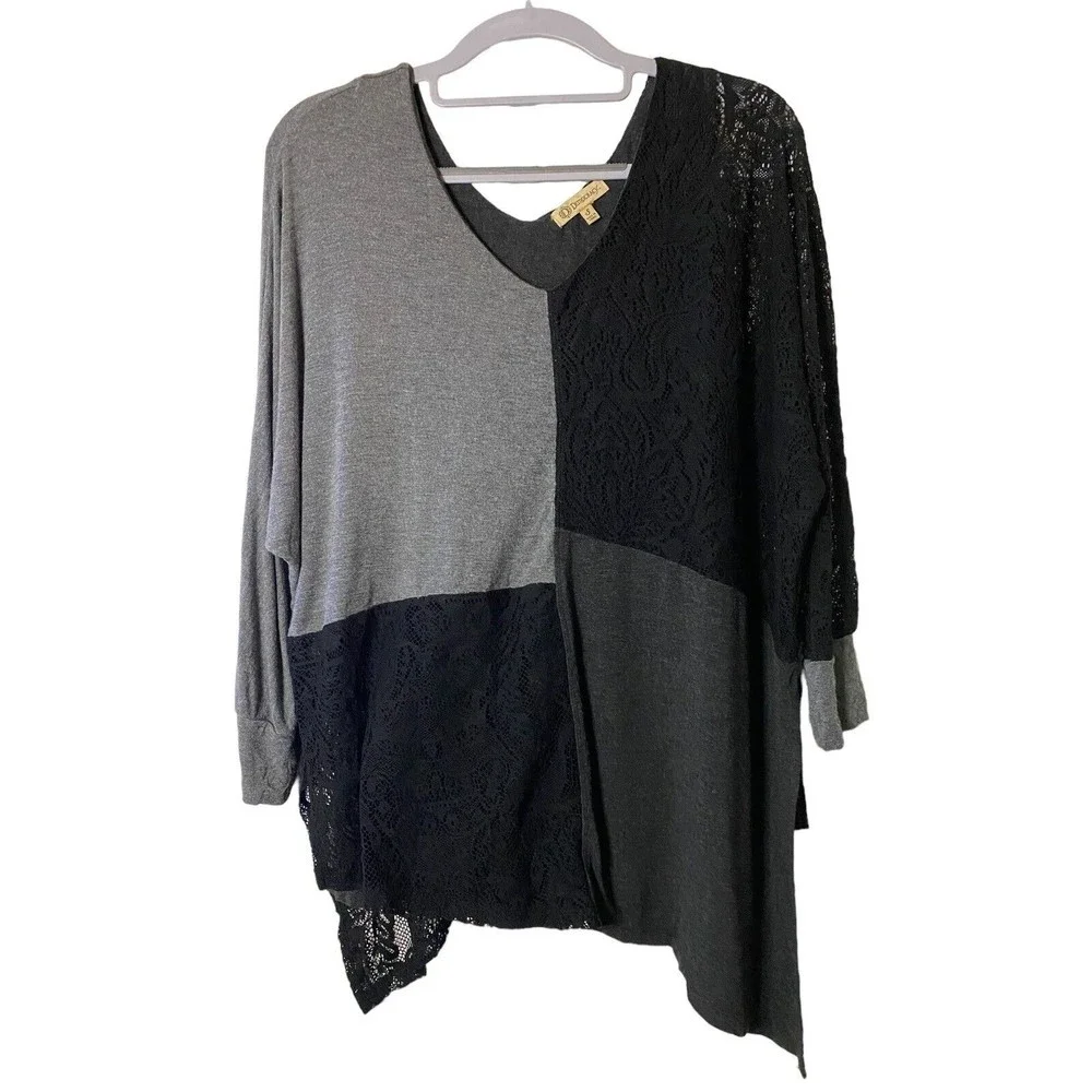 Democracy Top Black Lace Over Gray Soft Cotton Raglan color block asymetric Sz S - Picture 3 of 6